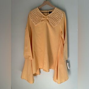 Ella Belle Banana Yellow Linen Lagenlook Lace‎ Collar Dress Top Size Large